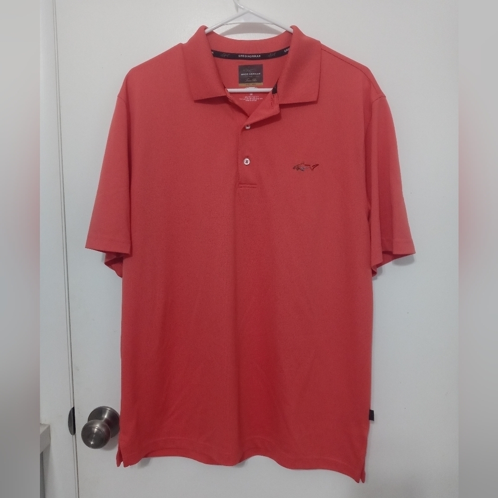 GREG NORMAN FOR TASSO ELBA FIVE IRON PLAY DRY PAPAYA SHORT SLEEVE GOLF POLO M